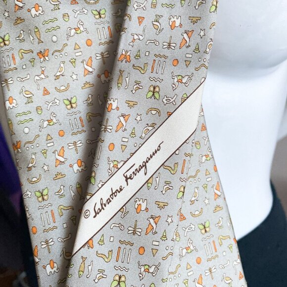 Salvatore Ferragamo Silk Beige Egyptian Hieroglyphics  Men's Necktie - Picture 6 of 9